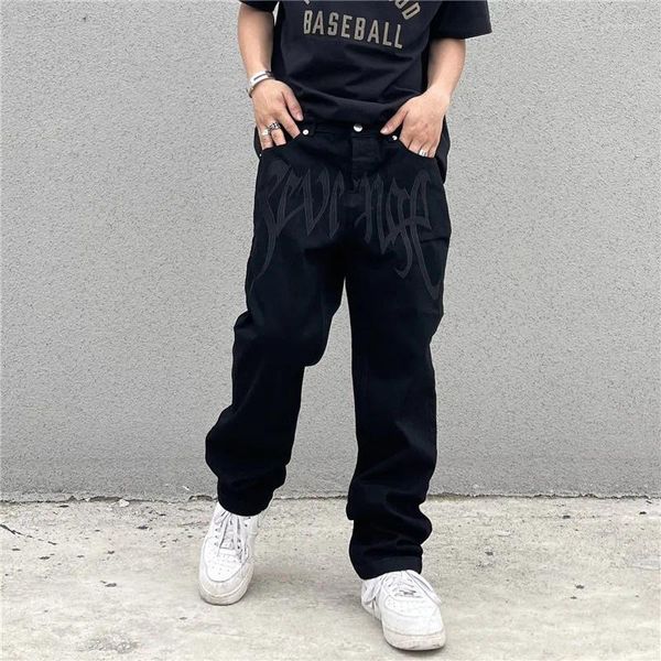 Pantaloni da uomo neri High Street Vintage ricamo lettera vita dritta hip hop jeans larghi cargo uomo larghi