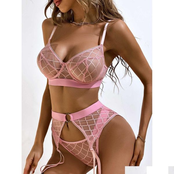 Outros têxteis para casa 3 peças xadrez laço sutiã conjunto mulheres malha lingerie senhoras preto sexy roupa interior com underwire entrega jardim dhlwj