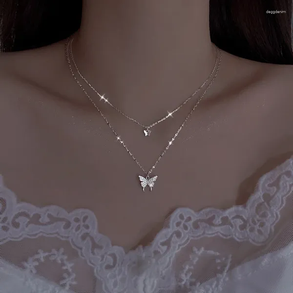 Anhänger Halsketten Koreanische Doppelschicht Schmetterling Halskette Für Frauen Mädchen Mode Kette Choker Elegante Perle Schmuck Zubehör