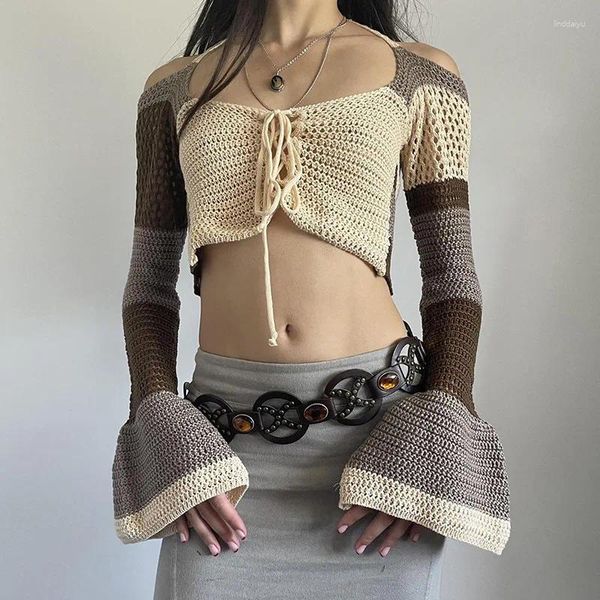 Женские свитера в винтажном стиле с бретелькой на шее, вязаный укороченный топ с открытой спиной и утягивающими короткими расклешенными рукавами, пуловеры, трикотаж
