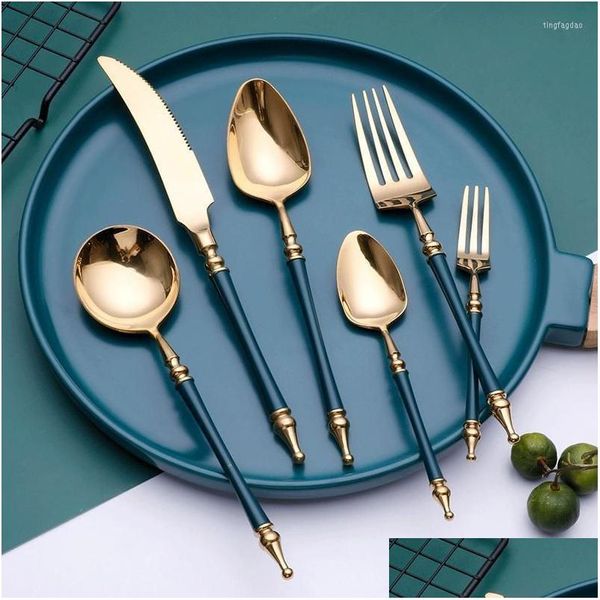 Conjuntos de louças Fine Simple Metal Talheres Set Steak Ocidental Colher de Café de Quatro Peças Europeia El Golden Talheres Produtos Separados Dro Dhu4x