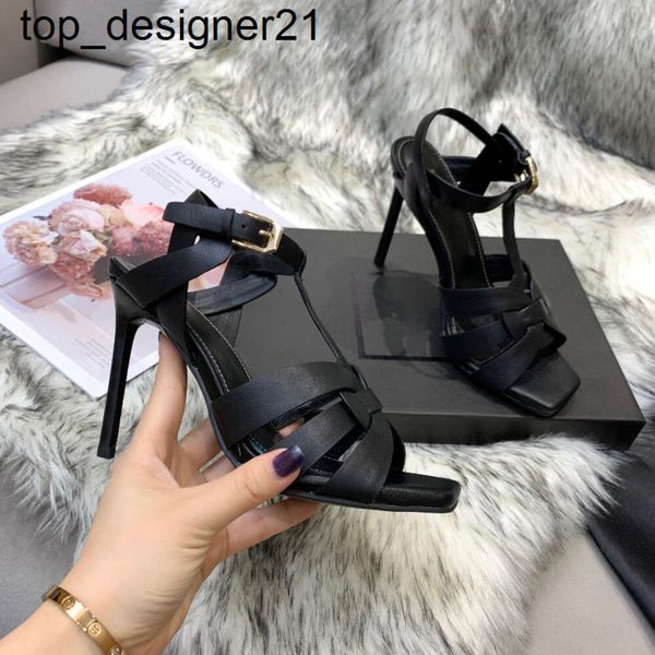 Neue 2023 10mm Tribute Stiletto Heels Sandalen Schwarz Glattleder Knöchelriemen Super High Heel Damen Luxus Designer Schuhe Party Sandale High Heels