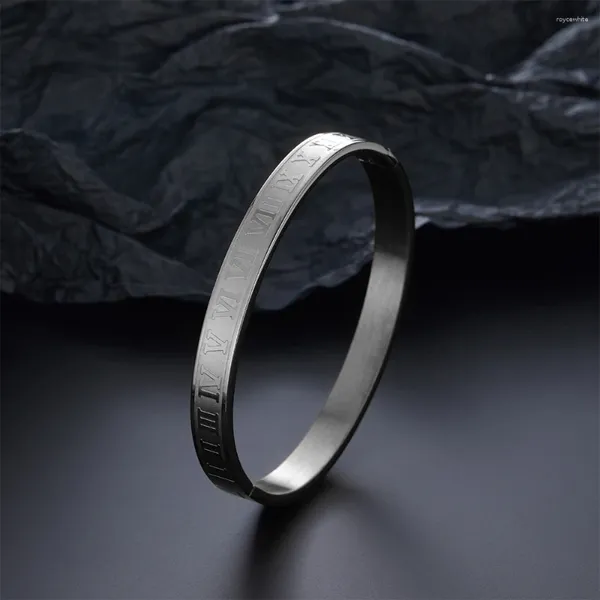 Brazalete de acero inoxidable para mujer, patrón en relieve con números romanos a la moda, se puede abrir, joyería con dijes para hombre, regalos al por mayor