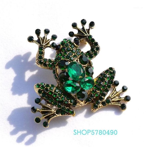 Vintage strass sapo broche cor verde feminino cristal peito pino senhora corsage casacos festa ornamentos jóias clássicas luxury12626