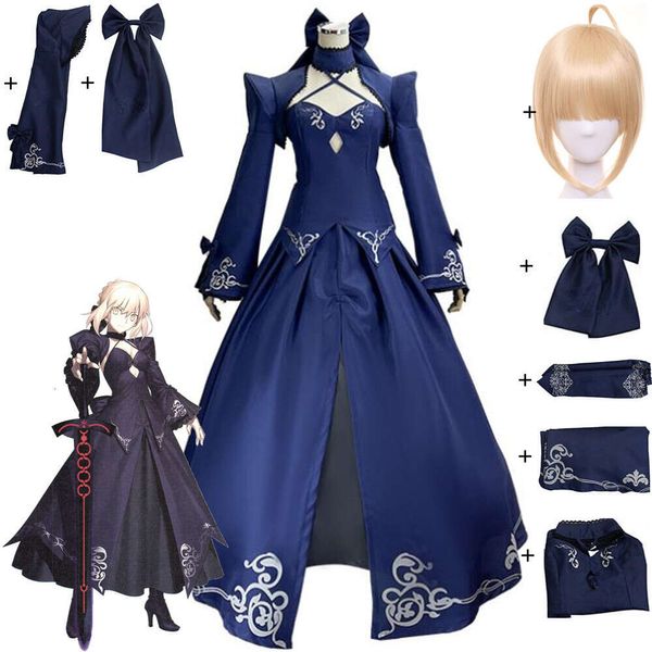 Pendragon Altria Sabre Alter Cosplay Costume Anime Fate Grand Order Stay Night Wig Halloween Swordsman Uniforme Vestido completo azul