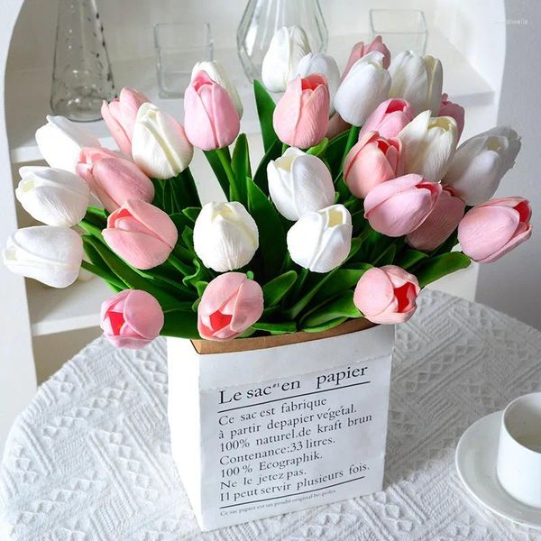 Flores decorativas tulipa artificial branco amarelo real toque tulipas buquê para casa decoração do jardim festa de aniversário casamento flor falsa