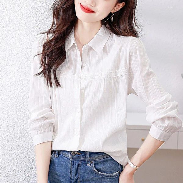 Blusas femininas outono 2023 mulheres blusa de algodão ol estilo top moda renda retalhos manga comprida botão acima camisa mulher elegante escritório solto