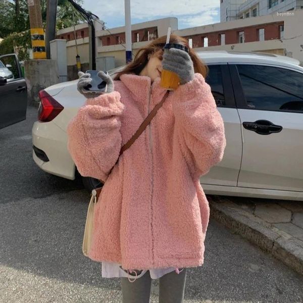 Feminino para baixo meninas rosa lã de cordeiro zíper engrossado casaco quente solto e versátil roupas de algodão de manga comprida no inverno