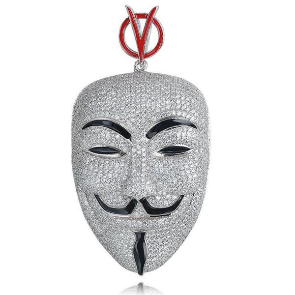 Hip Hop V für Vendetta Halskette Silber Farbe Kubikzircon Maske Anhänger für Männer Ice Out Tennis Kette Rapper Jewelry334j