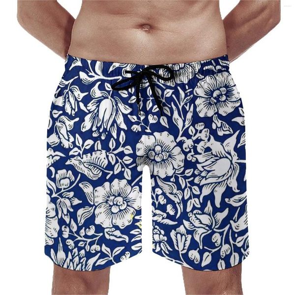 Pantaloncini da uomo Blu Bordo floreale Stampa vintage Divertente Spiaggia Uomo Personalizzato Surf Costume da bagno ad asciugatura rapida Regalo di compleanno