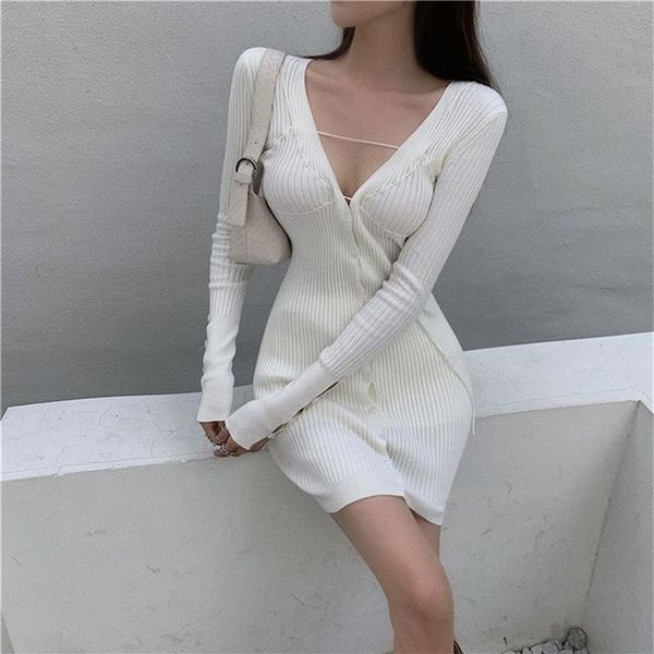 Langarm Kleid Rippenstrick Koreanische Sexy Mini Weiß frauen Herbst, Figurbetontes Kleid V-ausschnitt Lila Pullover Kleid Damen Neue 210319244L