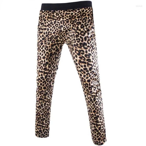 Calças masculinas Sexy Leopard Imprimir Calças Homens Marca Cintura Elástica Suor Mens Hi Street Stage Prom Traje