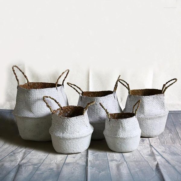 Cestas de armazenamento dobrável cesta de flores artesanal rattan tecido roupas decoração para casa organizador de ervas marinhas branco