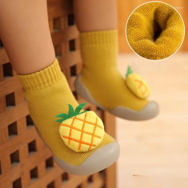 Первые ходоки, осенние и зимние махровые утолщенные туфли для малышей, носки, детские высокие теплые носки для мальчиков и девочек, трехмерный фруктовый узор