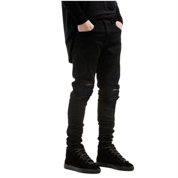 Nova marca de moda masculina jeans preto magro rasgado estiramento fino hip hop swag denim motocicleta motociclista calças jogger254p