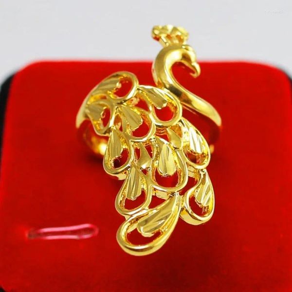 Anéis de cluster 18k cor de ouro anel de pavão dourado para mulheres festa de casamento noivado femme noiva presentes de namorados