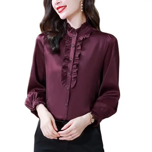 Mor ipek gömlek Kadın tasarımcısı uzun kollu fırfır vintage bluzlar stant yaka ofis bayanlar pist düğme gömlekleri 2023 sonbahar kış çok yönlü katı üstleri