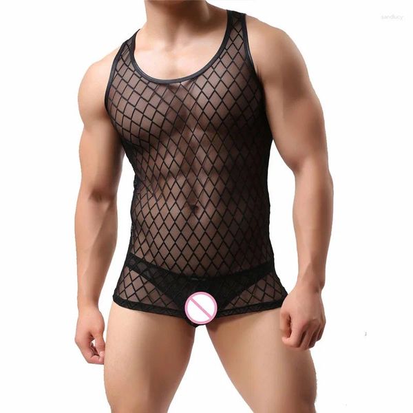 Undershirts sexy roupa interior masculina preto ver através de malha coletes conjunto de fitness tank tops bikini tangas cuecas cuecas