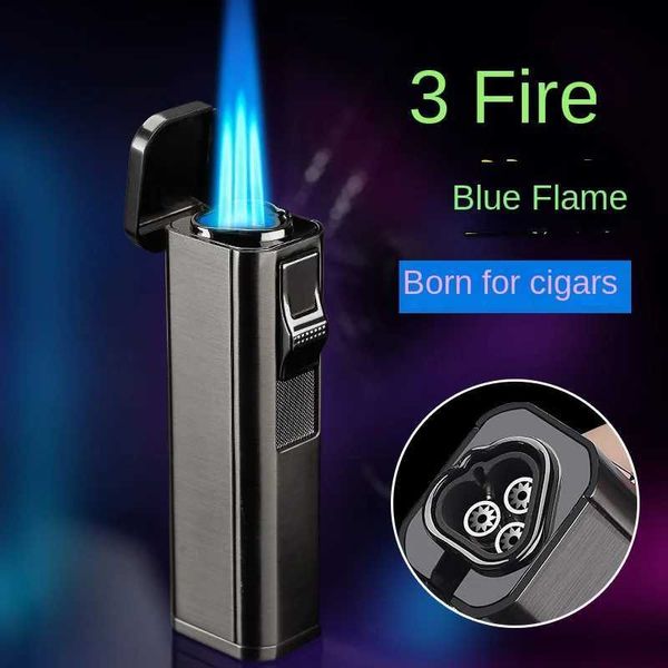 Зажигалки, высококачественная надувная ветрозащитная зажигалка с тремя прямыми ударами, высокотемпературный маленький сварочный пистолет, сигарный спрей с синим пламенем