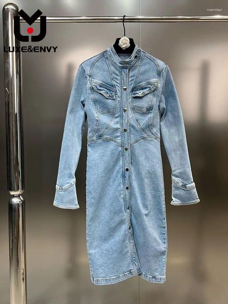 Sıradan Elbiseler Luxeenvy Greyfurt Ayakta yakalı at nalı manşet uzun kollu cep tasarım ince elastik denim elbise 2023 Sonbahar