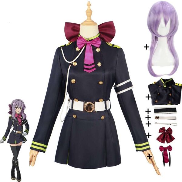 Cosplay Anime Shinoa Hiiragi Owari No Seraph Of The End Cosplay Kostüm Lila Perücke Sexy Frau Kleid Schwarze Uniform Halloween Verkleidung Set