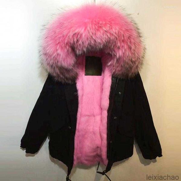 Giacche da donna Cappotto in pelliccia Bellissimo colletto in vero procione di colore rosa e parka foderato con bottoni Stile casual