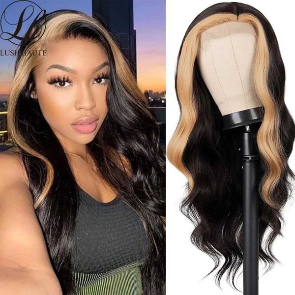 Perucas sintéticas Longo Ondulado Lace Wig Parte Lateral Sintética com Destaques Natural P27 Preto Misto Ombre Loira / Laranja / Verde Cosplay S 230227