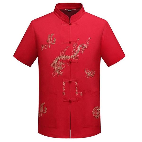 Camicie casual da uomo Abbigliamento tradizionale cinese Tang Top colletto alla coreana Wing Chun indumento manica corta ricamo drago Sh246B