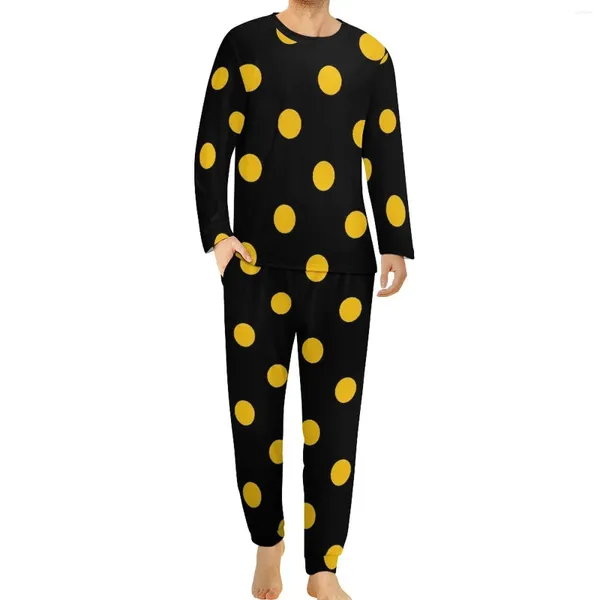 Pijamas masculinos de ouro ponto pijama preto e amarelo homens manga longa bonito pijama conjuntos 2 peças quarto diário impresso presente idéia