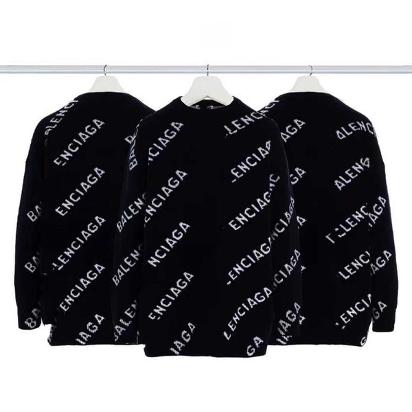 Alta versão Paris SS23 marca da moda dupla camada espessada família B tela cheia impressa jacquard carta suéter de malha para homens e mulheresDKAO