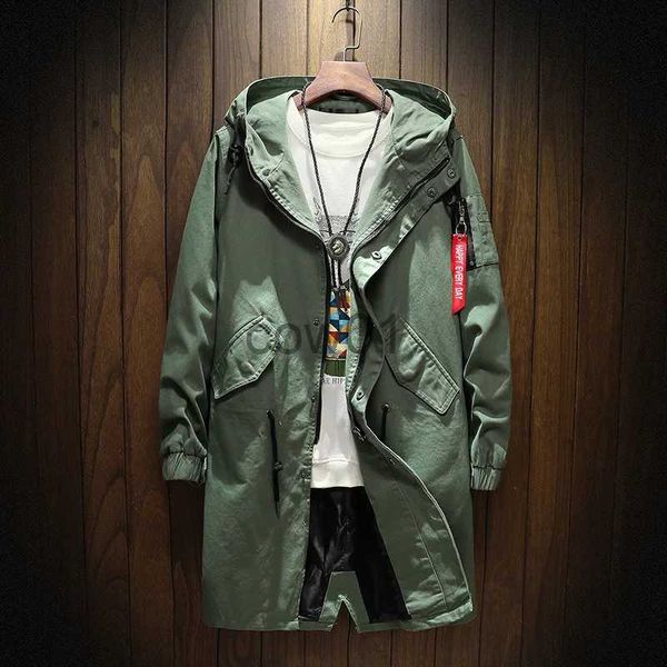 Parka da uomo lungo trench lungo giacca da uomo in cotone autunno primavera nero hip-hop cappotti giapponesi streetwear da uomo con cappuccio verde militare giacche casual J231014