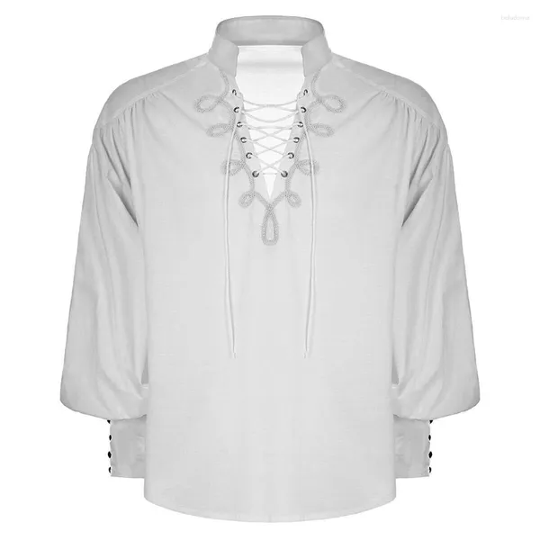 Camisas de vestido masculinas Homens Camisa Gótica Medieval Lace Up Top Frill Victorian Puff Manga Retro Traje Casual Blusa Moda Tops Tee