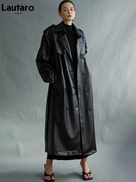 Damen-Trenchcoat aus Kunstleder, Lautaro, Herbst, extra lang, übergroß, schwarz, Kunstleder, für Damen, langärmelig, Gürtel, zweireihig, locker, modisch, 2021, J231014