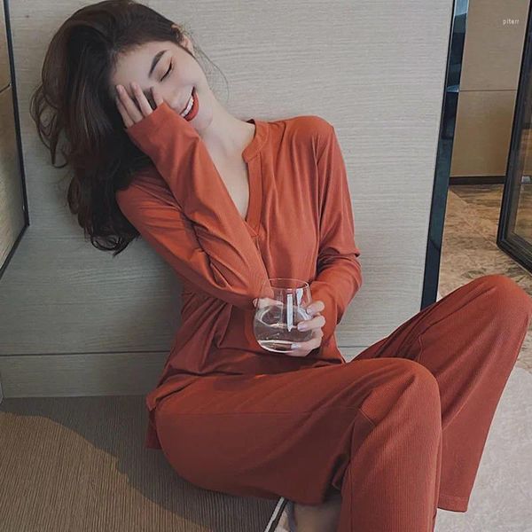 Damen-Nachtwäsche für Frühling und Herbst, langärmelig, dünne Baumwolle, lässiger koreanischer Anzug, kann ausgehen, rote Heimkleidung für den Sommer