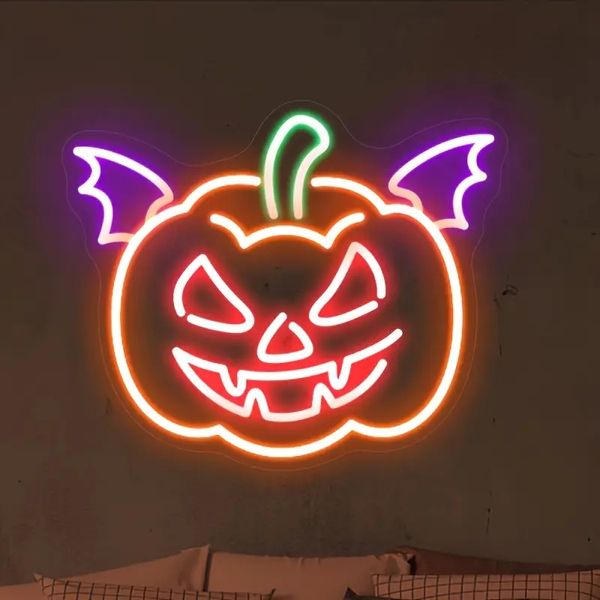 1 unidade de luz de néon com design de abóbora de Halloween, roxo vermelho verde laranja luzes de quatro cores, luz de atmosfera de decoração de interiores de festa, alimentado por USB