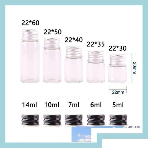 Frascos de armazenamento frascos 50pcs 5ml 6ml 7ml 10ml 14ml garrafa de vidro transparente com tampa de alumínio 1/3oz frascos pequenos para uso de óleo essencial drop dhens