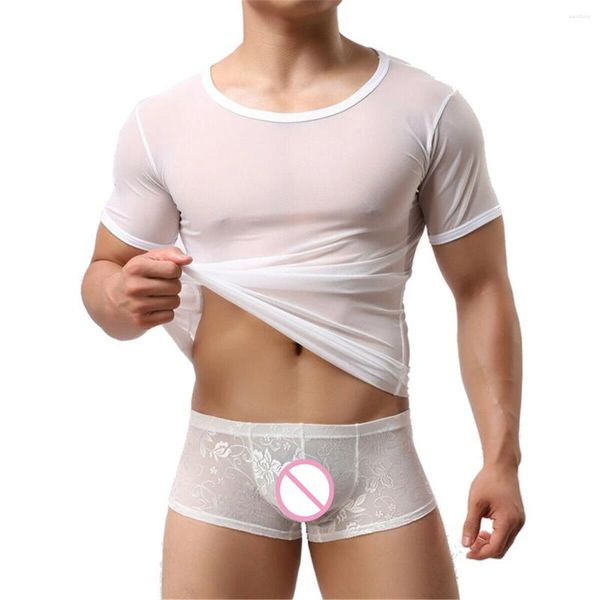 Canottiere da uomo sexy manica corta top trasparenti magliette fitness boxer in pizzo intimo vestiti set camicie per uomo