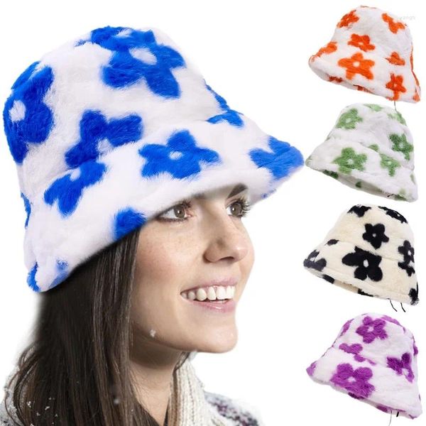 Береты, плюшевая рыбацкая шапка с цветком, осенне-зимняя женская уличная ветрозащитная теплая толстая вязаная шапка, дорожная пушистая шляпа-ведро с козырьком