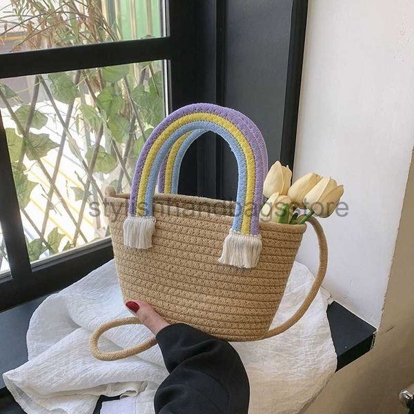 Totes Simpatica borsa a mano arcobaleno da donna nuova borsa da donna in filo di cotone fatta a mano borsa in paglia intrecciata borse da spiaggia per le vacanze al mareborse elegantinegozio