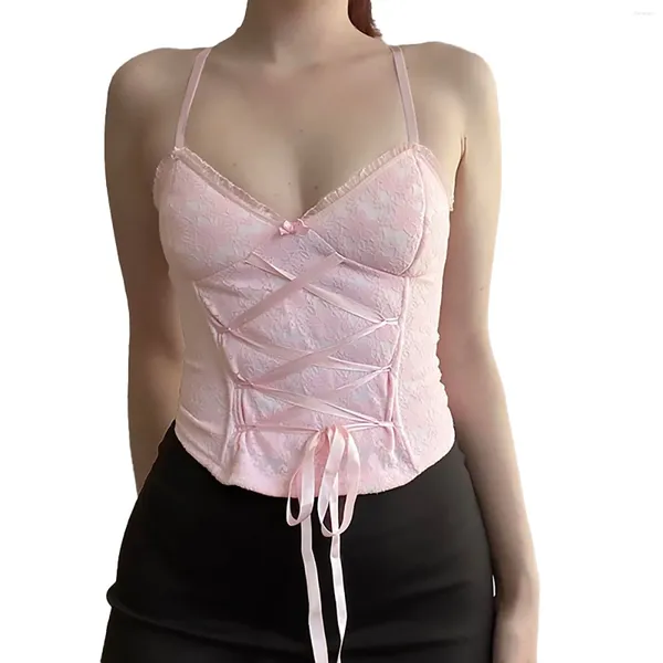 Serbatoi da donna Y2k Rosa Top Donna 2023 Estate Carino Streetwear Canotte con cinturino per spaghetti Sexy Floral Lace Up Bow Fasciatura Corsetto Canotta