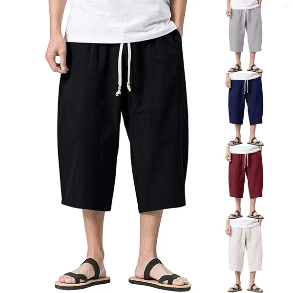 Pantaloncini da uomo Estate Uomo Casual Colori solidi Cotone Lino Elastico in vita Coulisse Gamba larga Baggy Harem Bermuda Pantalones Hombre #35