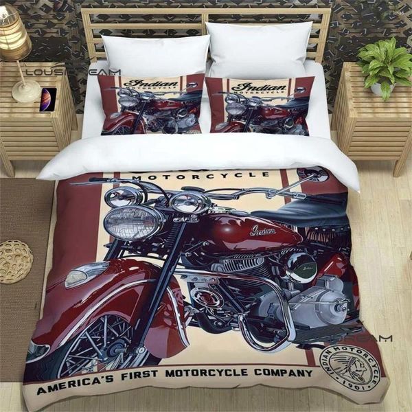 Conjuntos de cama Motocicletas Conjunto 3D Impressão Retro Motocicleta Decoração de Casa Menino Menina King Size Quilt Cover Fronhas