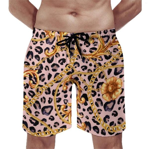 Shorts masculinos placa de corrente dourada verão leopardo impressão esportes fitness praia homens secagem rápida retro personalizado tamanho grande troncos de natação