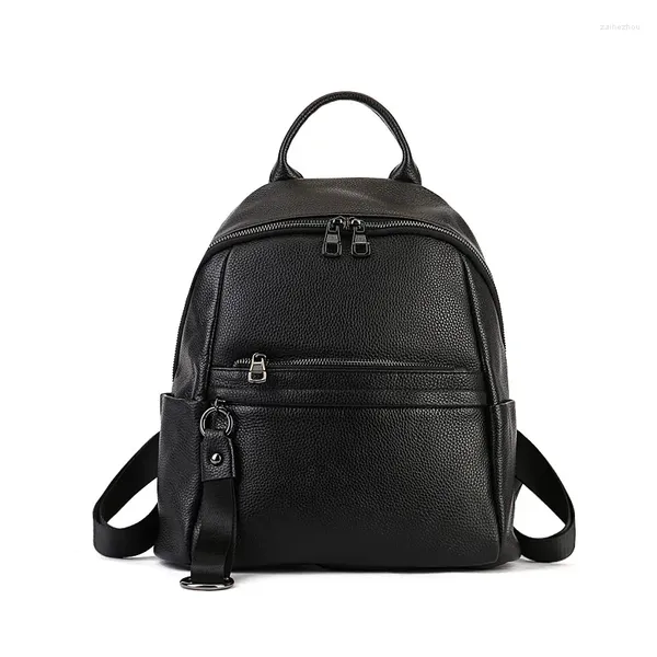 Schultaschen Schwarz Echtes Leder Rucksack Frauen Casual Echt Rindsleder Doppel Umhängetasche Luxus Damen Kuh Reise