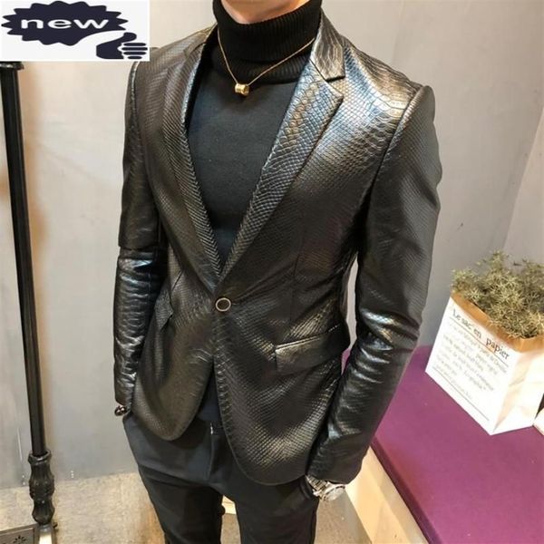 Inverno velo jaqueta de couro do plutônio dos homens 2021 outono fino ajuste cobra padrão elegante negócios blazer masculino inteligente casual terno jaquetas men270s