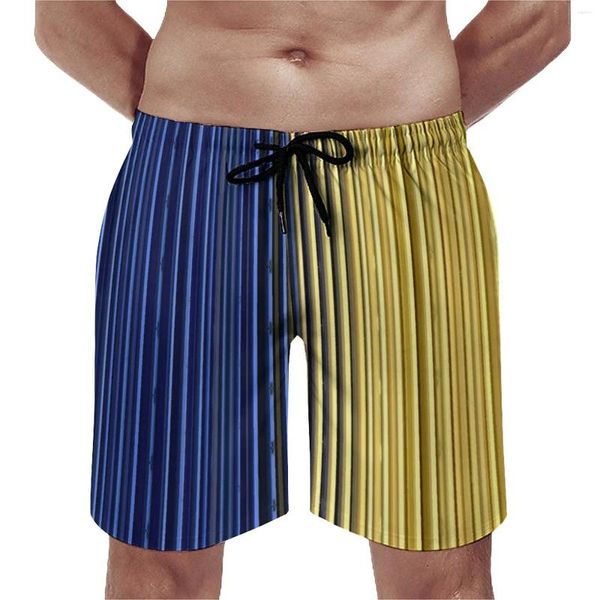 Shorts masculinos placa de verão amarelo azul listrado roupas esportivas dois tons gráfico praia calças curtas retro troncos secagem rápida plus size