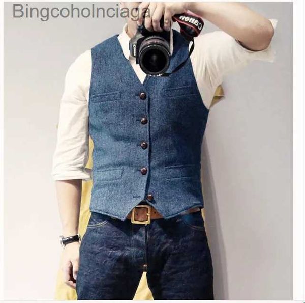 Coletes masculinos terno colete azul único breasted lã misturada mens jeans jeans colete jaqueta slim fit casual formal businessl231014