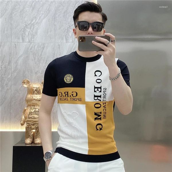 T-shirt da uomo Abbigliamento uomo 2023 Estate Personalizzato Jacquard Splicing Slim Stretch Ice Silk T-shirt a maniche corte Gioventù Maglia sottile