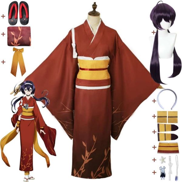 Cosplay anime bungou bungo cães vadios izumi kyouka kyka kyoka cosplay traje peruca tamancos quimono vermelho uniforme halloween role play terno