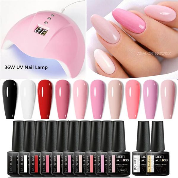 Nail Art Kits 10 Pcs Nu Gel Polonês Conjunto com Secador de Lâmpada UV Semi Permanente Híbrido Verniz Base Top Coat Soak Off LED 231013